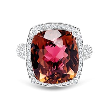 14K Rhodium Over White Gold Cushion Pink Tourmaline and Round Diamond
Ring 8.02ctw