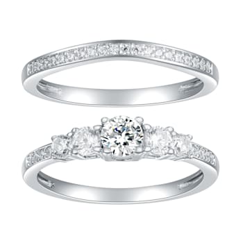 050 cttw 5-Stone Round-Cut Cubic Zirconia Bridal Ring Set, Sterling Silver