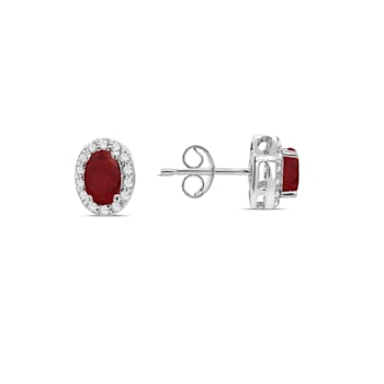1.50 Carat Genuine Ruby & White Zircon Halo Earrings in Sterling Silver