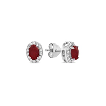 1.50 Carat Genuine Ruby & White Zircon Halo Earrings in Sterling Silver