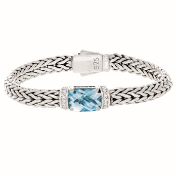 Sterling Silver Large Woven Blue Topaz & White Sapphire Bracelet