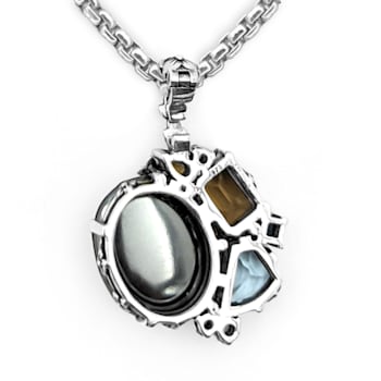 Stephen Dweck Sterling Silver Flower Pendant, Rutiliated Quartz,
Hematite, Citrine, Moonstone