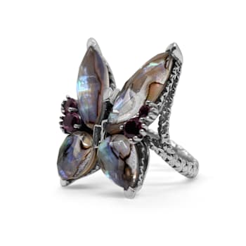 Stephen Dweck Faceted Quartz Abalone and Rhodolite Garnet Butterfly Ring
in Sterling Silver