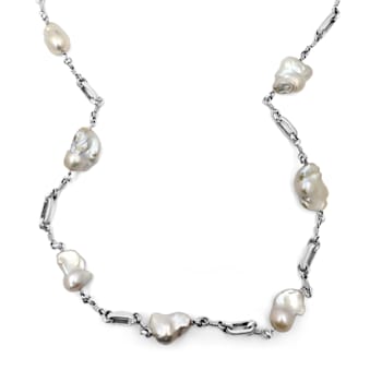 Stephen Dweck Sterling Silver White Baroque Pearl Single Strand
Necklace, Oval Chain Link