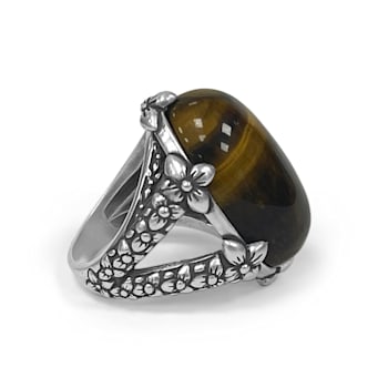 Stephen Dweck Tiger Eye Double-Shank Ring in Flower Engraved Sterling Silver