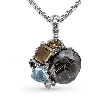 Stephen Dweck Sterling Silver Flower Pendant, Rutiliated Quartz,
Hematite, Citrine, Moonstone