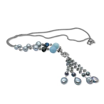 Stephen Dweck Sterling Silver Pearl Labradorite And Aquamarine Tassel Necklace