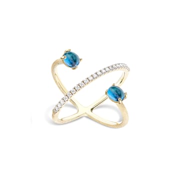 "Azure" 18kt Gold, diamonds and London Blue Topaz criss cross ring