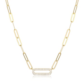Yellow Gold Plated Sterling Silver Cubic Zirconia Lined Oval Link Paper
Clip Necklace, 18" + 2"