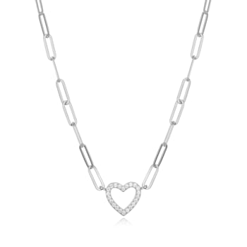 925 Sterling Silver Cubic Zirconia Open Heart Paper Clip Necklace,
18" + 2" Extension
