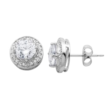 Rhodium Plated Sterling Silver Cubic Zirconia Classic Halo Stud Earrings