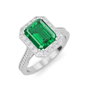 Emerald and White Lab Grown Diamond 14K White Gold Ring.