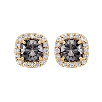 Cushion Shape Black Diamond And Round White Diamond Halo Studs In 14k
Yellow Gold (2.80 Cttw)