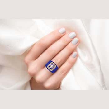 Blue Enamel and Lab Diamond Signet Ring In Sterling Silver