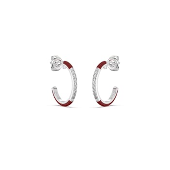 Red Enamel and Lab Grown Diamonds Hoop Earrings In Sterling Silver