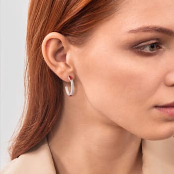 Red Enamel and Lab Grown Diamonds Hoop Earrings In Sterling Silver