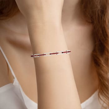 Red Enamel Paperclip Bracelet In Sterling Silver 1.6ctw