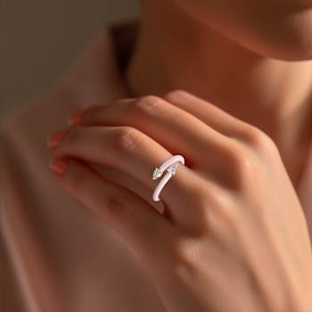 Pink Enamel and Lab Diamond Open Ring In Sterling Silver
