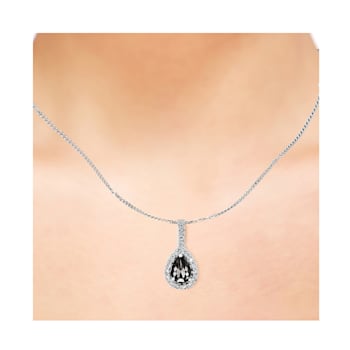 Black and White Diamond Halo Pendant With Chain Pear Drop in 14K White
Gold (0.77 Cttw)