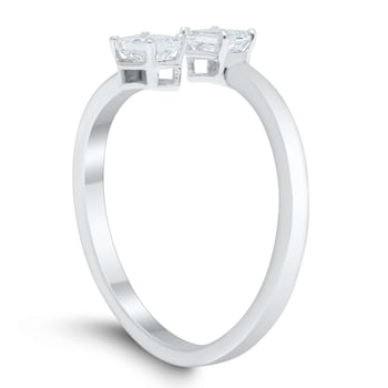 0.90 Ct Two Stone Emerald Cut Sideways Bypass Ring in 14K White Gold.