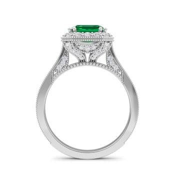 Emerald and White Lab Grown Diamond 14K White Gold Ring.