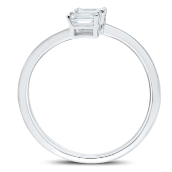 0.90 Ct Two Stone Emerald Cut Sideways Bypass Ring in 14K White Gold.