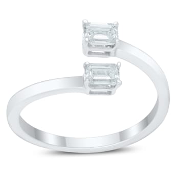 0.90 Ct Two Stone Emerald Cut Sideways Bypass Ring in 14K White Gold.