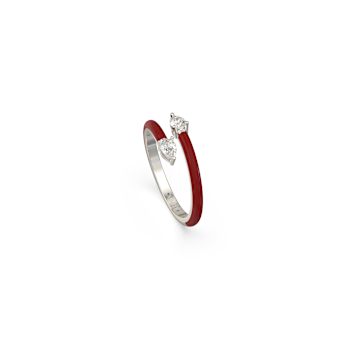 Red Enamel and Lab Diamond Open Ring In Sterling Silver