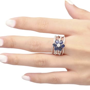Gin & Grace 18K White Gold Real Diamond Ring (I1) with Natural Blue Sapphire
