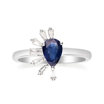 Gin & Grace 14K White Gold Real Diamond Ring (I1) with Blue Sapphire