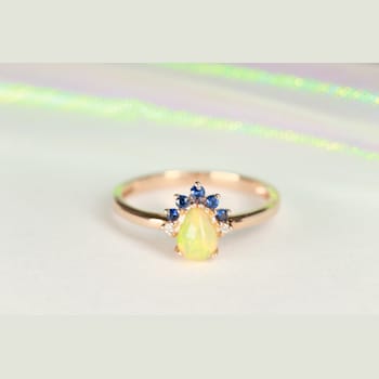 Gin & Grace 14K Yellow Gold Real Diamond Ring (I1) with Natural Opal
& Blue Sapphire