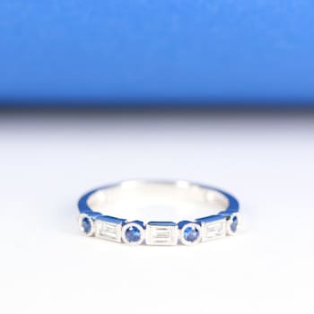 Gin & Grace 18K White Gold Real Diamond Ring (I1) with Natural Blue Sapphire