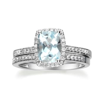 Gin & Grace 14K White Gold Blue Aquamarine Ring with Diamond