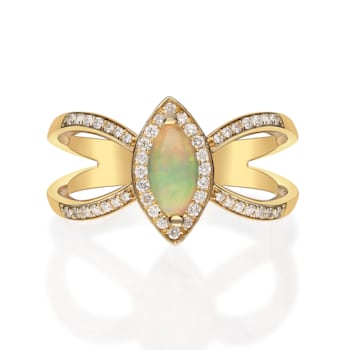 Gin & Grace 10K Yellow Gold Real Diamond Ring (I1) with Natural Opal