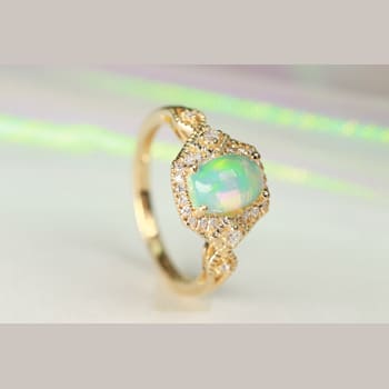 Gin & Grace 14K Yellow Gold Real Diamond Ring (I1) with Natural Opal