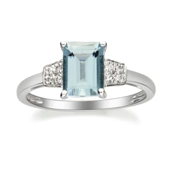 Gin & Grace 10K White Gold Blue Aquamarine Ring with Diamond