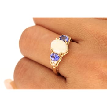 Gin & Grace 14K Yellow Gold Real Diamond Ring (I1) with Genuine
Tanzanite & Australian Opal