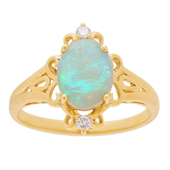 Gin & Grace 14K Yellow Gold Real Diamond Anniversary Ring (I1) with
Natural Australian Opal