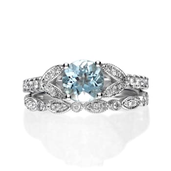 Gin & Grace 14K White Gold Blue Aquamarine Ring with Diamond