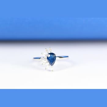 Gin & Grace 14K White Gold Real Diamond Ring (I1) with Blue Sapphire