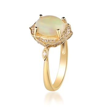 Gin & Grace 14K Yellow Gold White Natural Ethiopian Opal Wtih Real
Diamond (I1) Ring