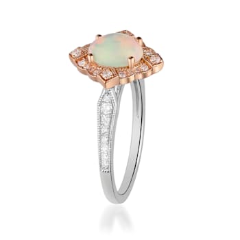 Gin & Grace 14K Two Tone Gold Real Diamond Ring (I1) with Natural Opal