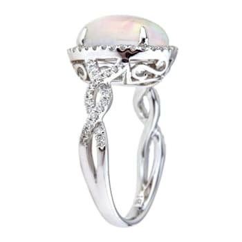 Gin & Grace 14K White Gold Real Diamond Ring (I1) with Natural Opal