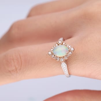 Gin & Grace 14K Two Tone Gold Real Diamond Ring (I1) with Natural Opal