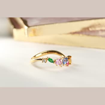 Gin & Grace 18K Yellow Gold Real Diamond Ring (I1) with Natural
Emerald & Multi Sapphire
