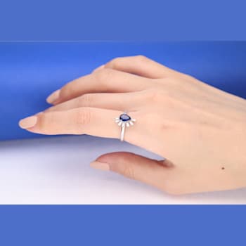 Gin & Grace 14K White Gold Real Diamond Ring (I1) with Blue Sapphire