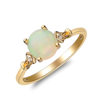 Gin & Grace 14K Yellow Gold White Ethiopian Opal with Diamond (I1) Ring