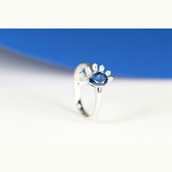 Gin & Grace 14K White Gold Real Diamond Ring (I1) with Blue Sapphire