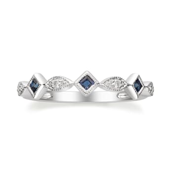 Gin & Grace 18K White Gold Real Diamond Ring (I1) with Natural Blue Sapphire