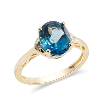 Gin & Grace 10K Yellow Gold Real Diamond Anniversary Ring (I1) with
Natural London Blue Topaz